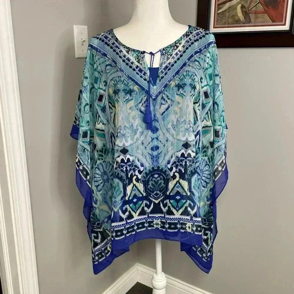Chico's Tops - Chico's Blue Paisley Poncho Top Pullover Tassel Tank Set Size L/XL 3 NWT Sheer
